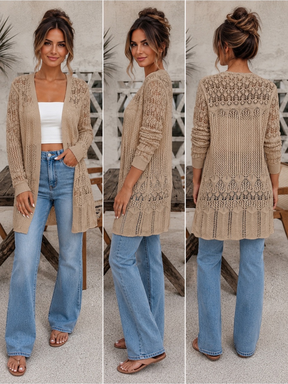 Women’s Open-Front Crochet Cardigan Sweater - Beige